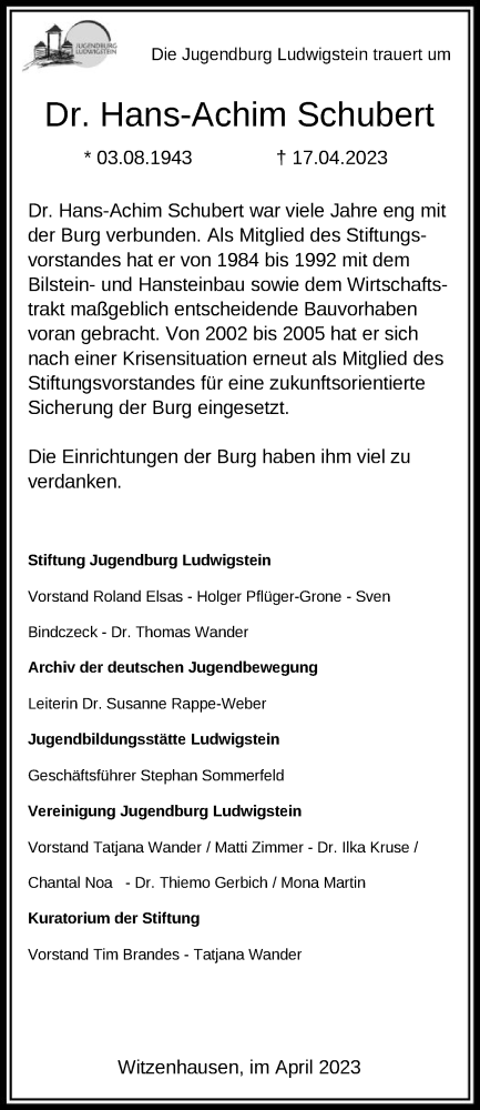 Todesanzeige von Hans-Achim Schubert von HNA