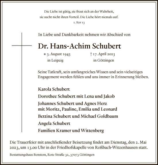 Todesanzeige von Hans-Achim Schubert von HNA