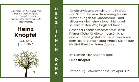 Todesanzeige von Heinz Knöpfel von HNA