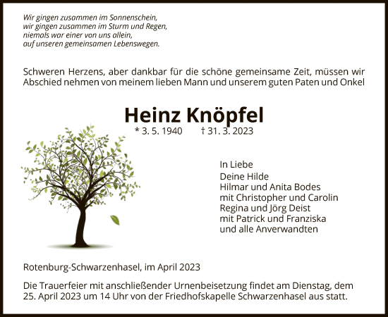 Todesanzeige von Heinz Knöpfel von HNA