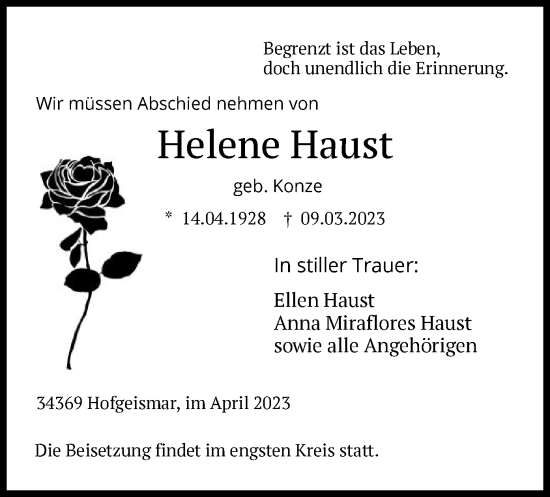 Todesanzeige von Helene Haust von HNA