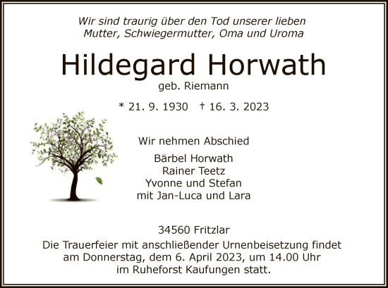 Todesanzeige von Hildegard Horwath von HNA