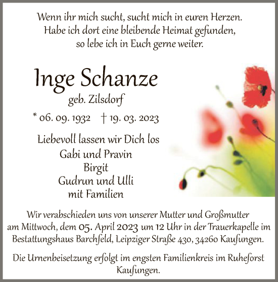Todesanzeige von Inge Schanze von HNA
