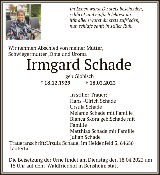 Todesanzeige von Irmgard Schade von HNA