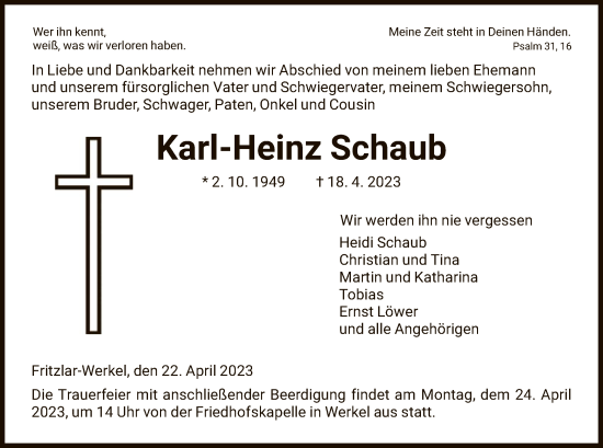Todesanzeige von Karl-Heinz Schaub von HNA