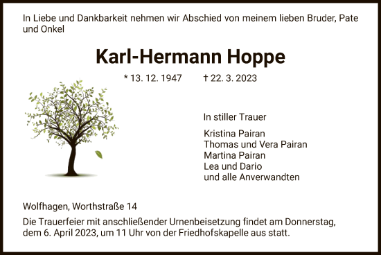Todesanzeige von Karl-Hermann Hoppe von HNA