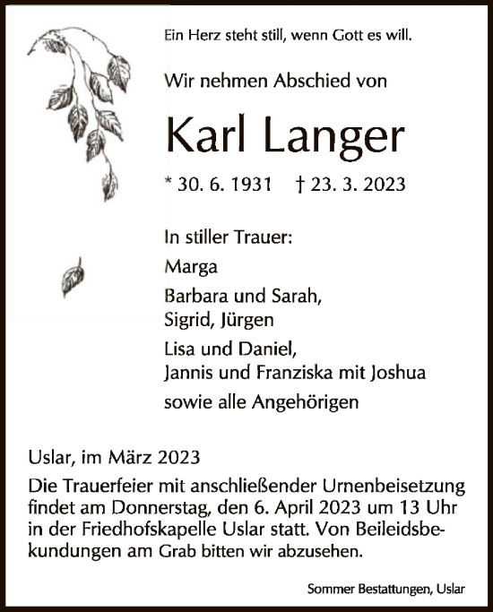 Todesanzeige von Karl Langer von HNA