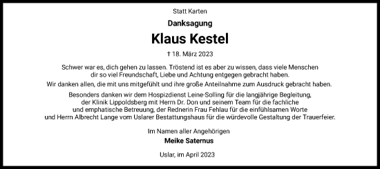 Todesanzeige von Klaus Kestel von HNA