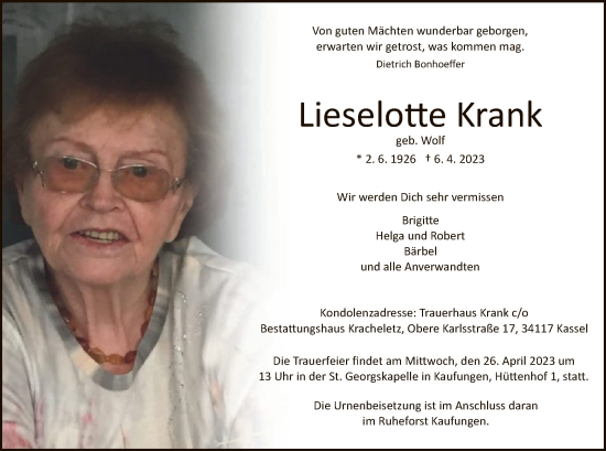 Todesanzeige von Lieselotte Krank von HNA