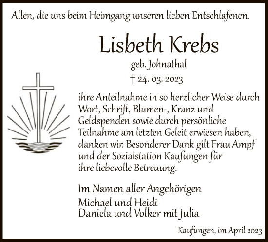 Todesanzeige von Lisbeth Krebs von HNA