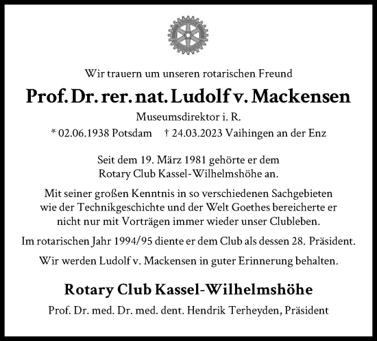 Todesanzeige von Ludolf v. Mackensen von HNA