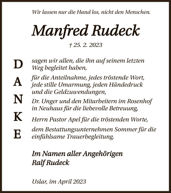 Todesanzeige von Manfred Rudeck von HNA