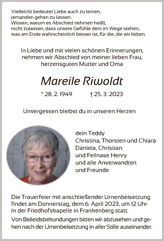 Todesanzeige von Mareile Riwoldt von HNA