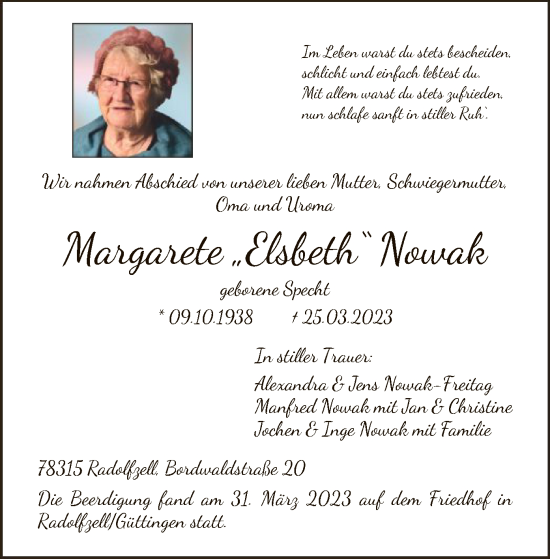 Todesanzeige von Margarete Nowak von HNA