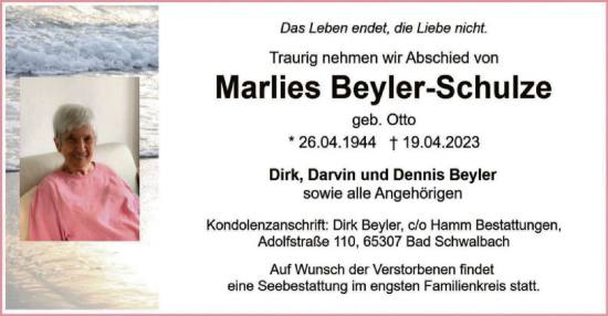 Todesanzeige von Marlies Beyler-Schulze von HNA