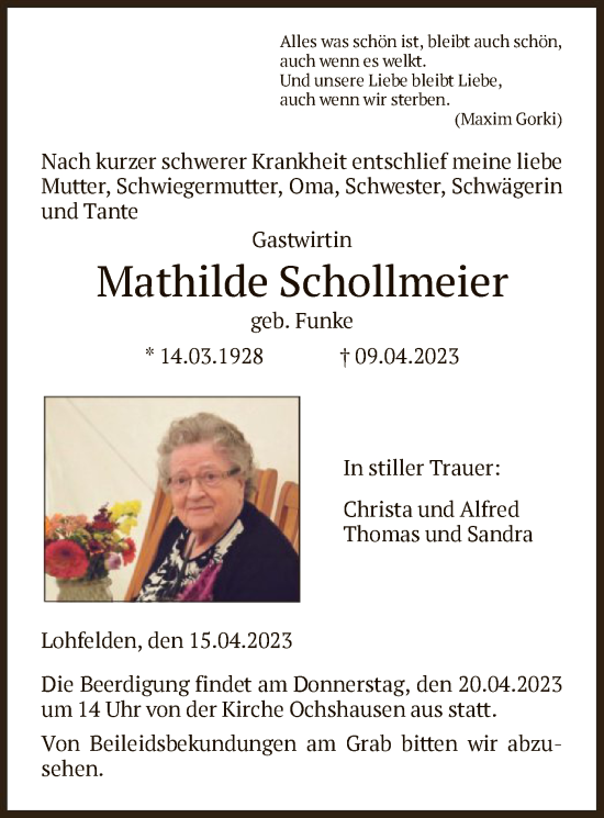 Todesanzeige von Mathilde Schollmeier von HNA