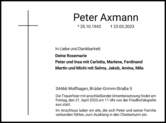 Todesanzeige von Peter Axmann von HNA