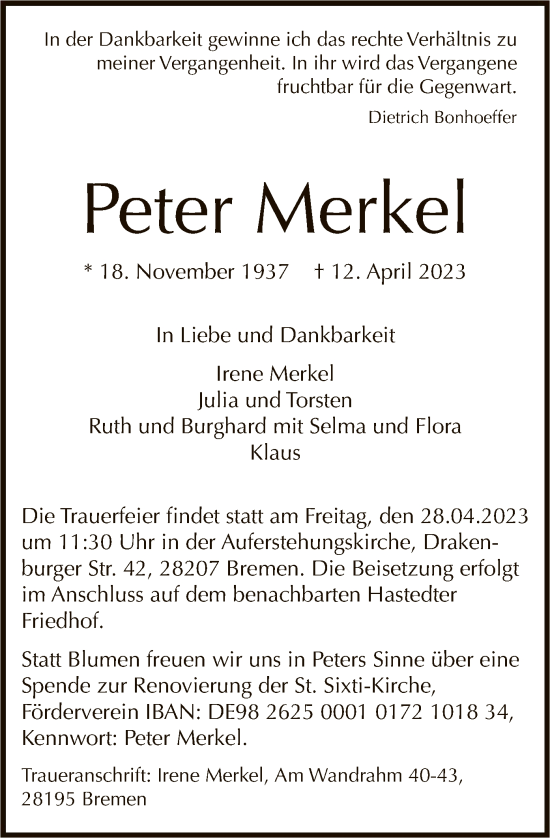 Todesanzeige von Peter Merkel von HNA