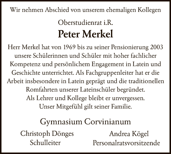 Todesanzeige von Peter Merkel von HNA