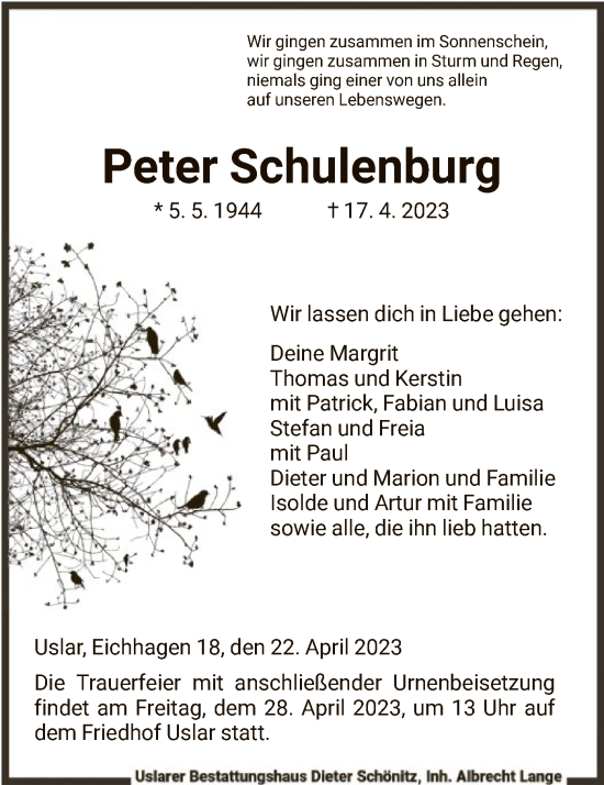 Todesanzeige von Peter Schulenburg von HNA