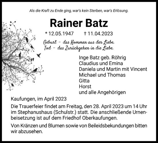 Todesanzeige von Rainer Batz von HNA