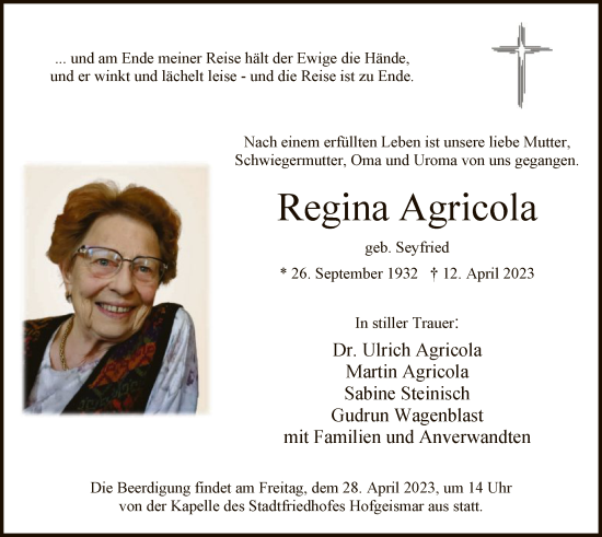 Todesanzeige von Regina Agricola von HNA