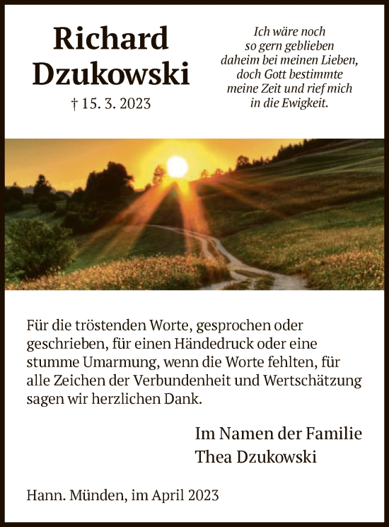 Todesanzeige von Richard Dzukowski von HNA