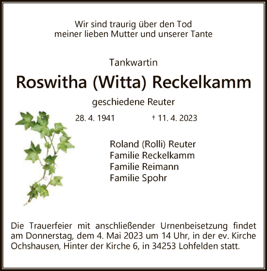 Todesanzeige von Roswitha Reckelkamm von HNA