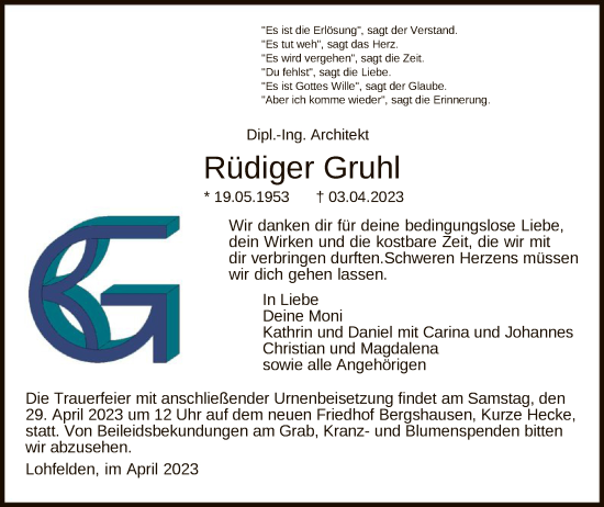 Todesanzeige von Rüdiger Gruhl von HNA