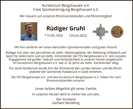 Todesanzeige von Rüdiger Gruhl von HNA