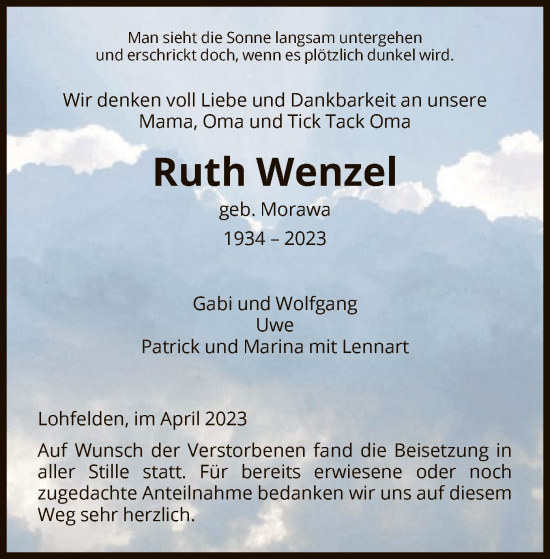 Todesanzeige von Ruth Wenzel von HNA