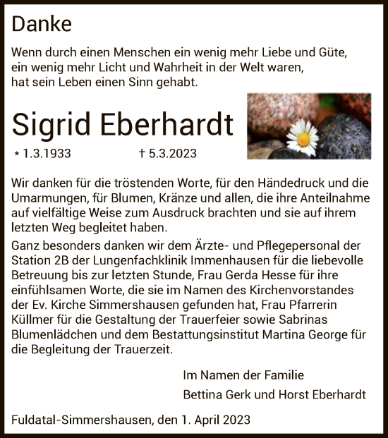 Todesanzeige von Sigrid Eberhardt von HNA