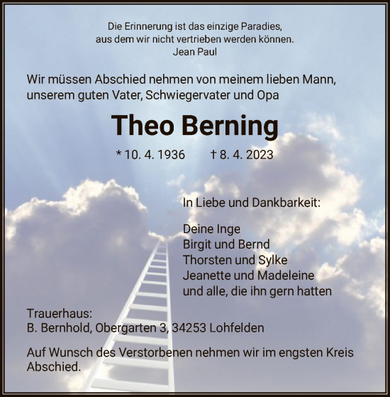 Todesanzeige von Theo Berning von HNA
