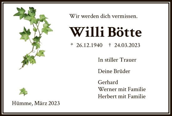 Todesanzeige von Willi Bötte von HNA