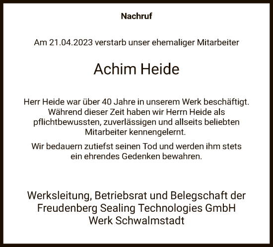 Todesanzeige von Achim Heide von HNA