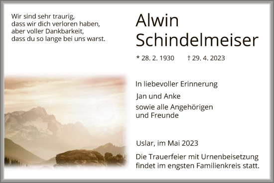 Todesanzeige von Alwin Schindelmeiser von HNA