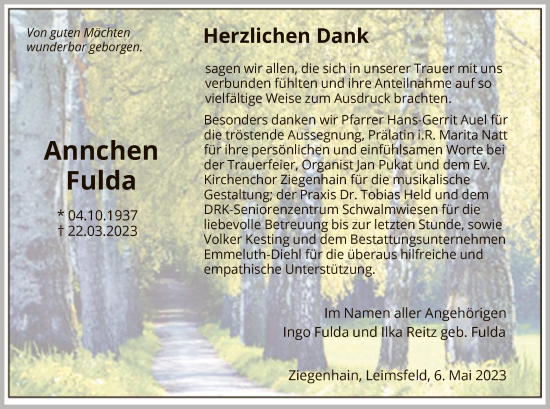 Todesanzeige von Annchen Fulda von HNA