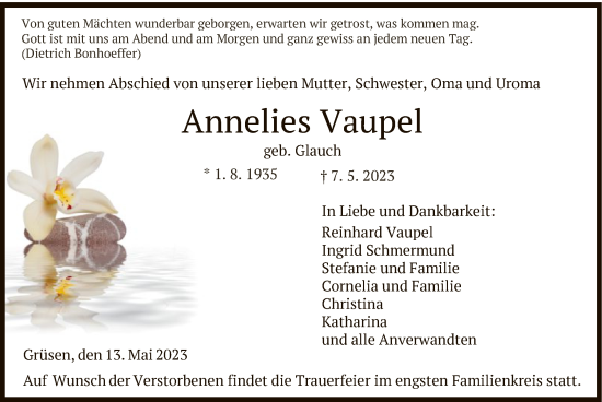 Todesanzeige von Annelies Vaupel von HNA