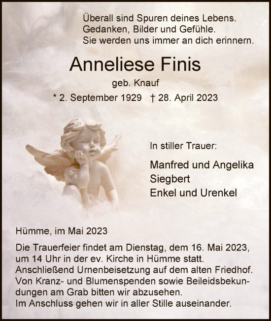 Todesanzeige von Anneliese Finis von HNA