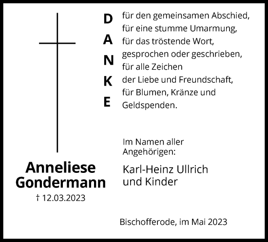 Todesanzeige von Anneliese Gondermann von HNA