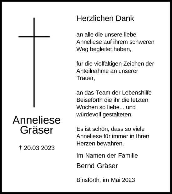 Todesanzeige von Anneliese Gräser von HNA