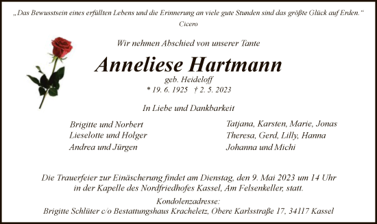 Todesanzeige von Anneliese Hartmann von HNA