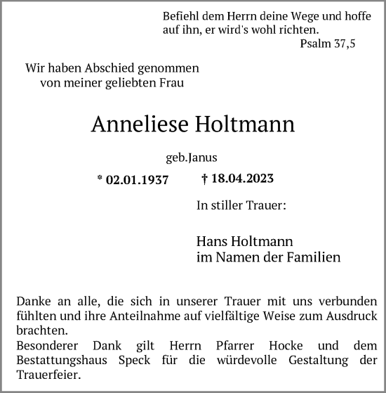 Todesanzeige von Anneliese Holtmann von HNA