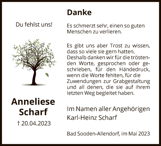 Todesanzeige von Anneliese Scharf von HNA