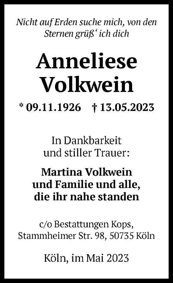 Todesanzeige von Anneliese Volkwein  von HNA