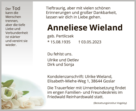 Todesanzeige von Anneliese Wieland von HNA