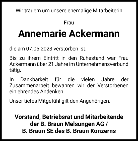 Todesanzeige von Annemarie Ackermann von HNA