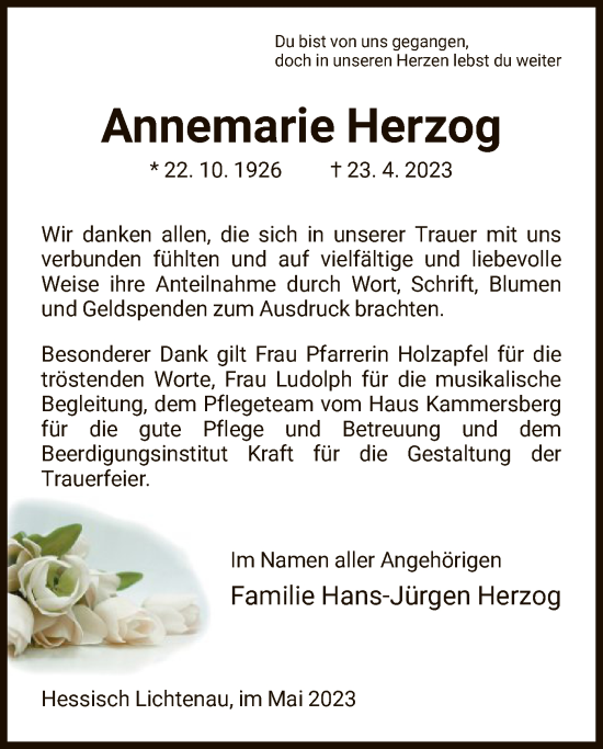 Todesanzeige von Annemarie Herzog von HNA