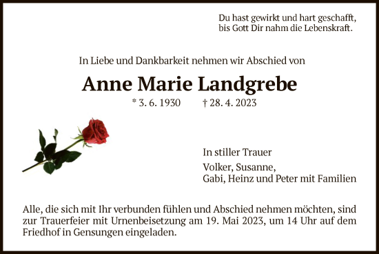 Todesanzeige von Anne Marie Landgrebe von HNA