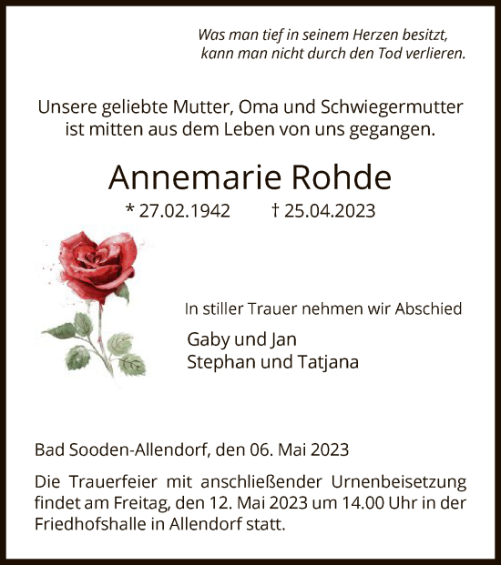 Todesanzeige von Annemarie Rohde von HNA